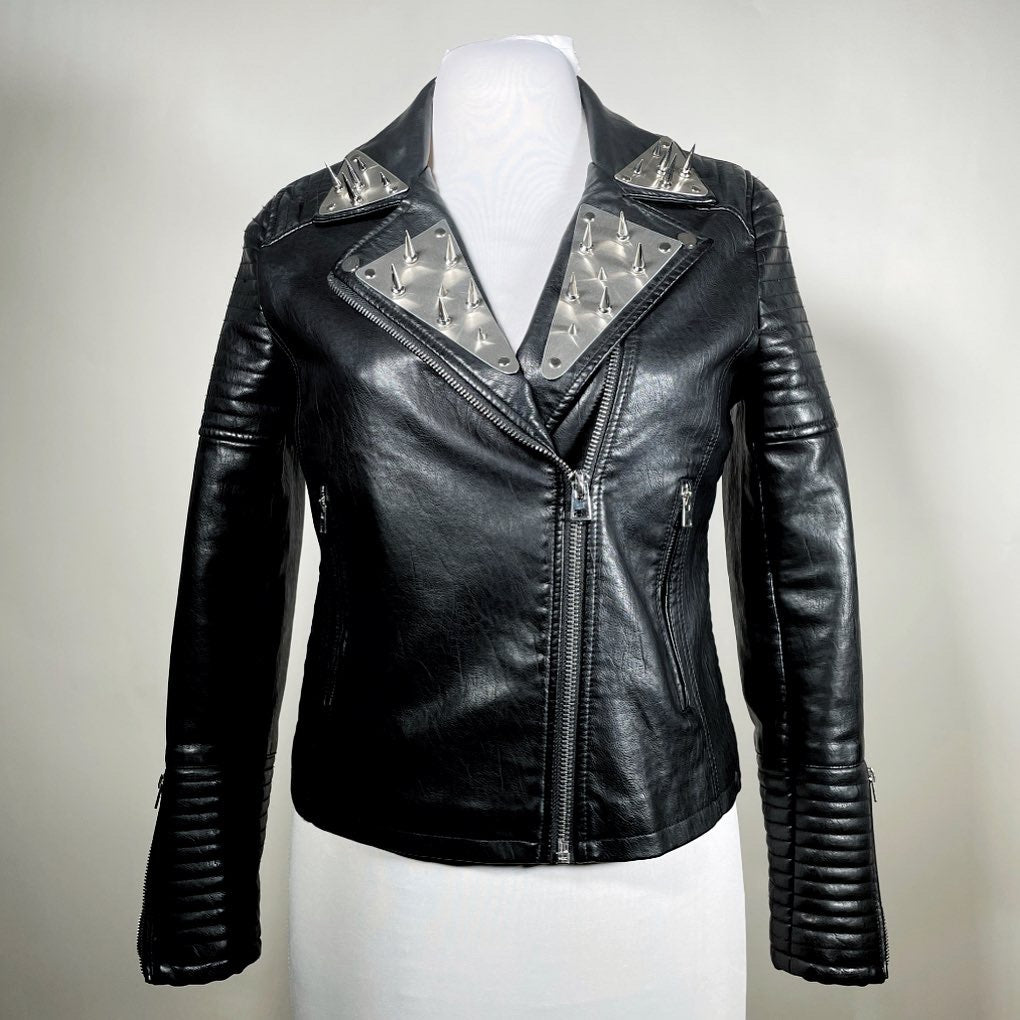 Black Pleather Moto Jacket with Metal Plating and Spikes