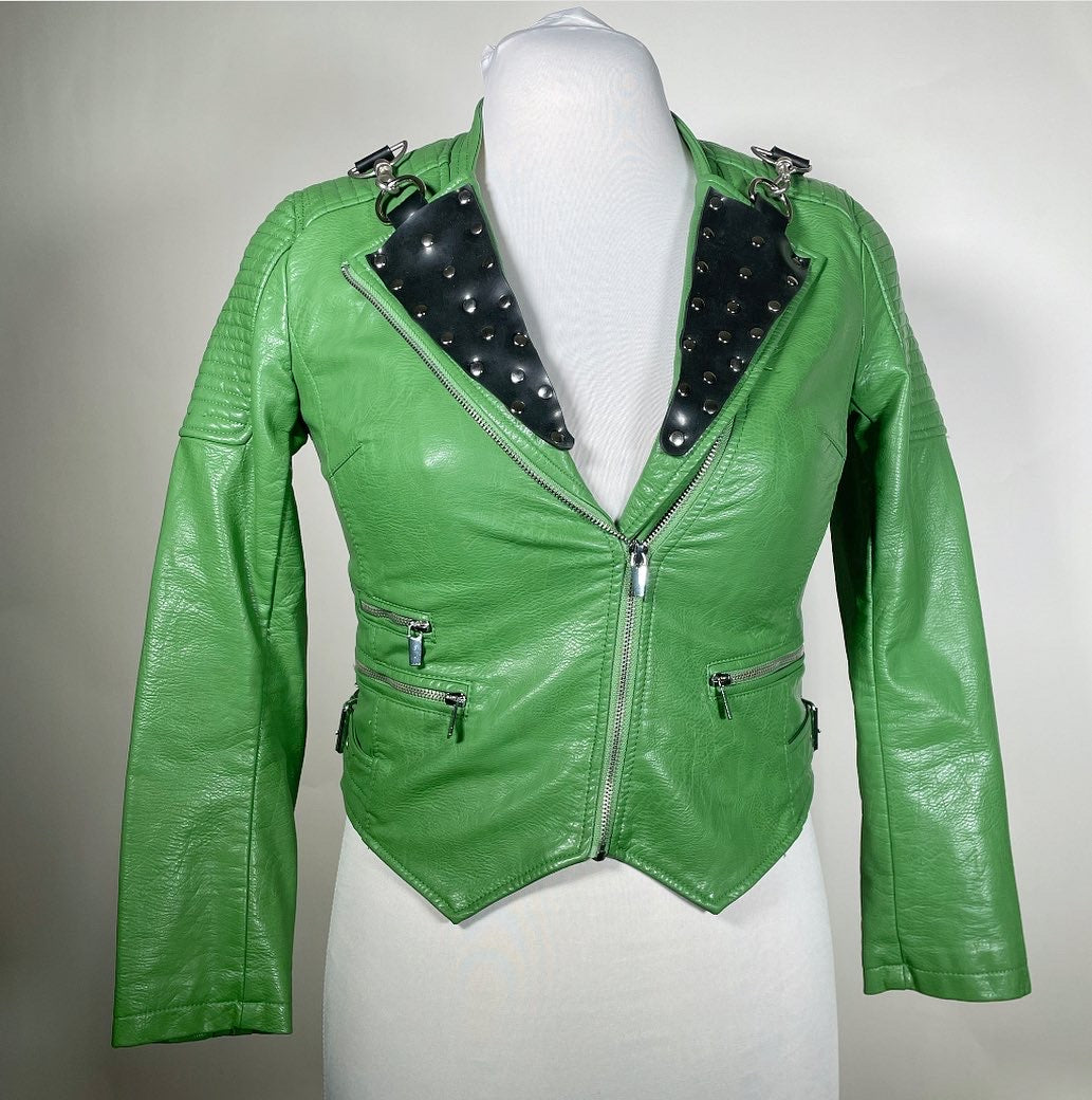 Green Pleather Moto with Rubber Accents and Detachable Harness