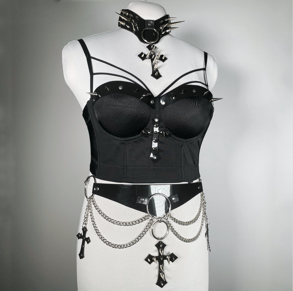 Black Bustier with Spiked PVC and Cross (matches “Unholy Passion” line)