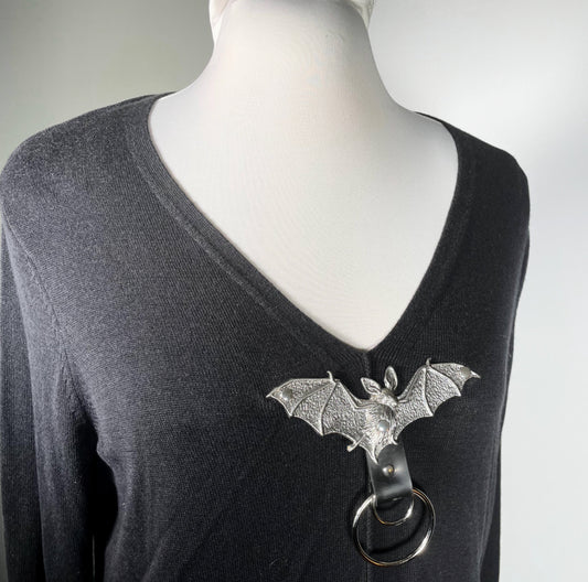 Black V-neck Bat Bondage Ring Sweater