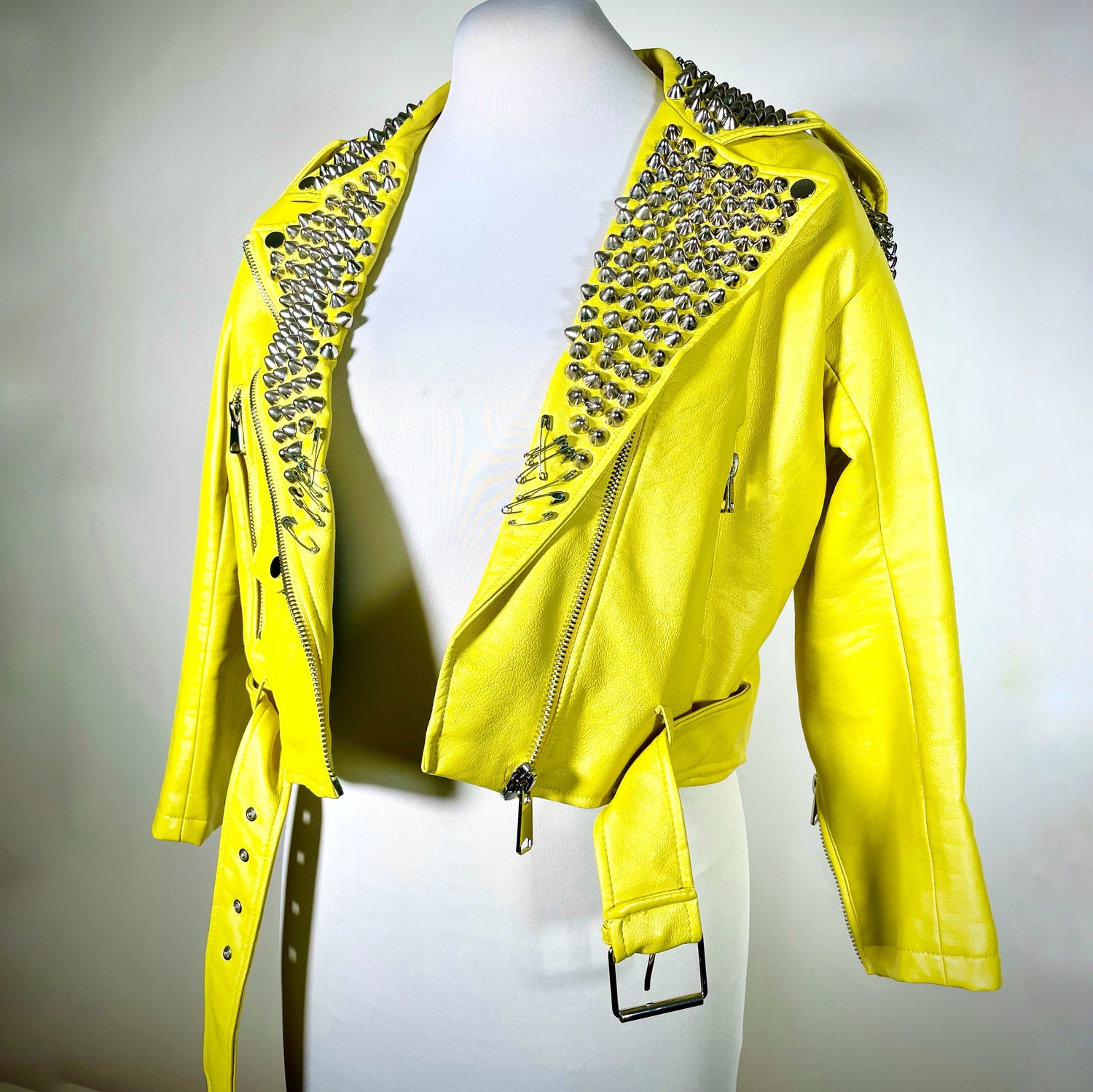 Yellow moto jacket with studs crosses chains tradgoth goth industrial cyberpunk punk deathrock 