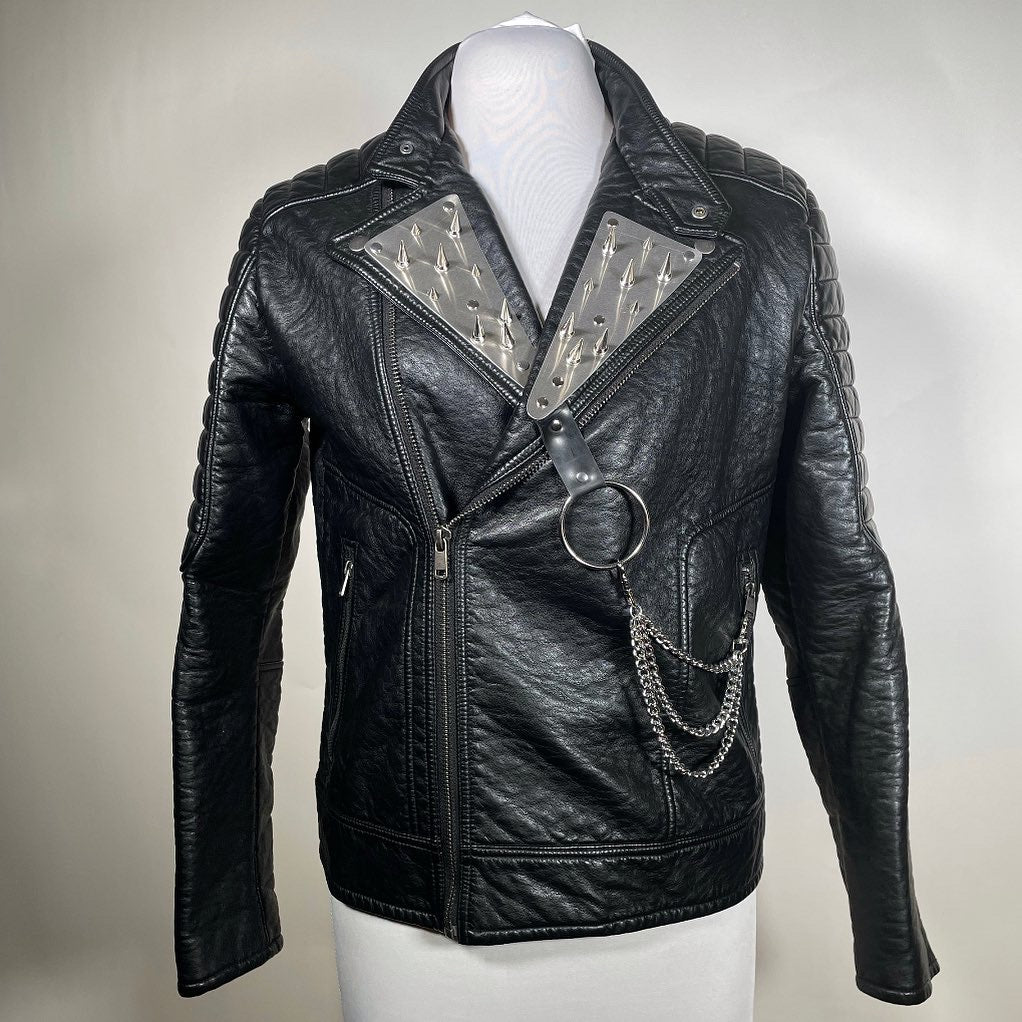 Men's Metal Plate with Spikes w/ Removable Chains Moto Jacket