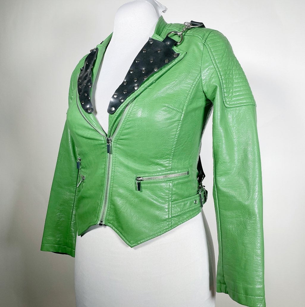 Green Pleather Moto with Rubber Accents and Detachable Harness