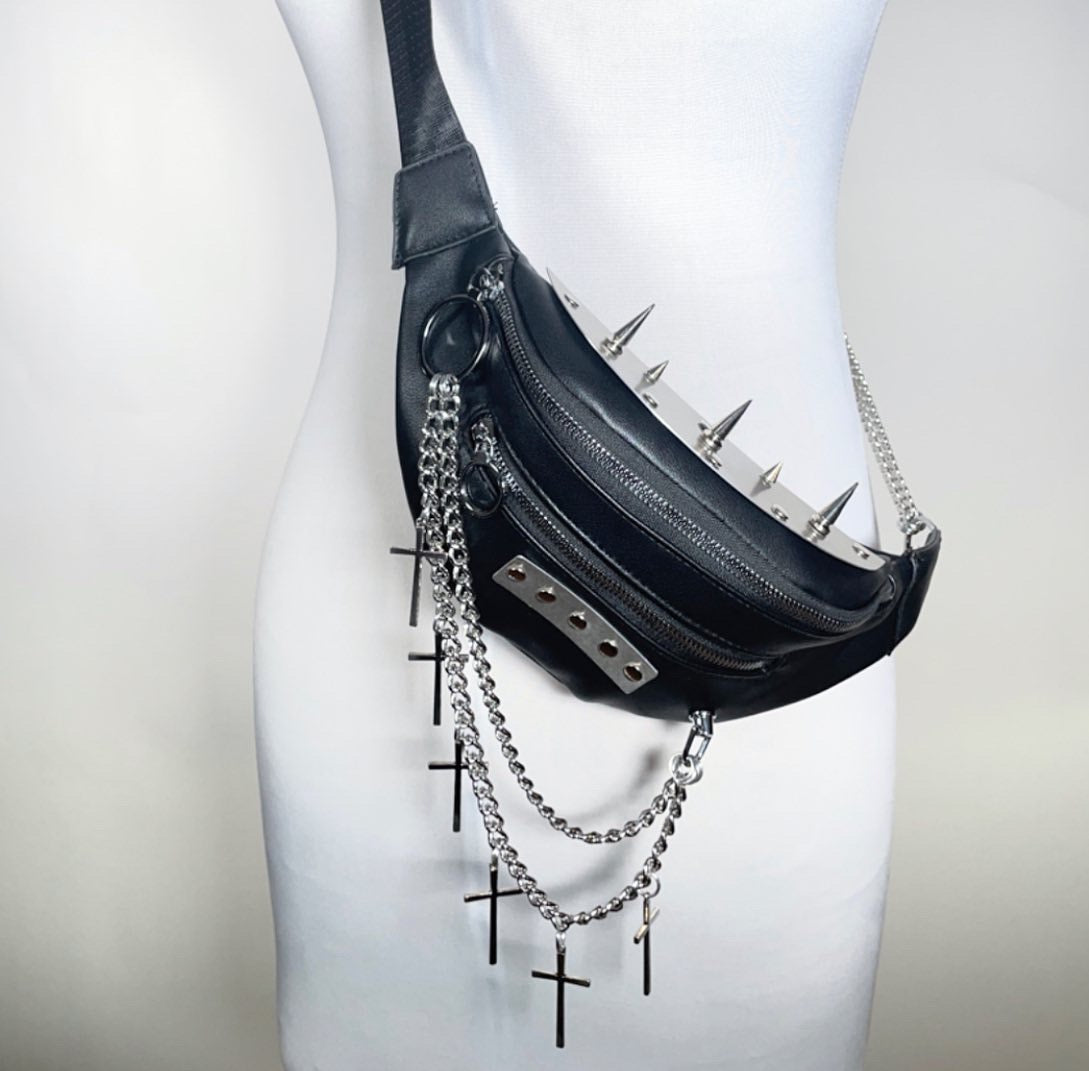 Crossbody "Fanny-Pack" Bag with Metal, Spikes, Chains and Crosses