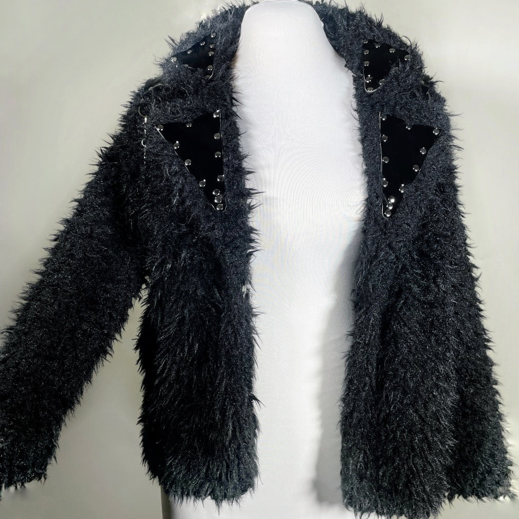 Black Faux Fur Coat w/ Vinyl Accents and Removable Chain Harness