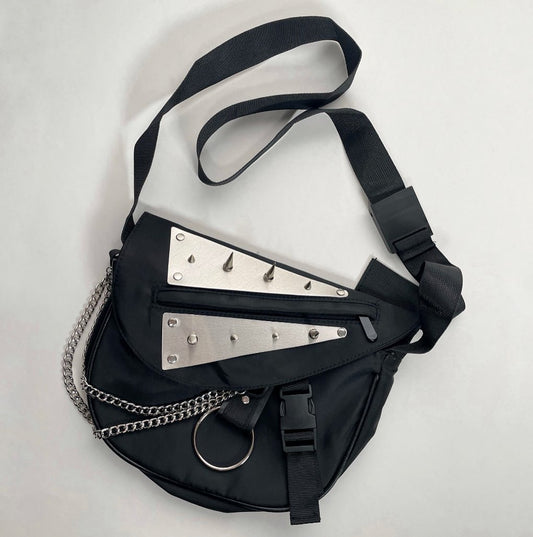 Crossbody Messenger Bag with Spikes, Chains and O-ring