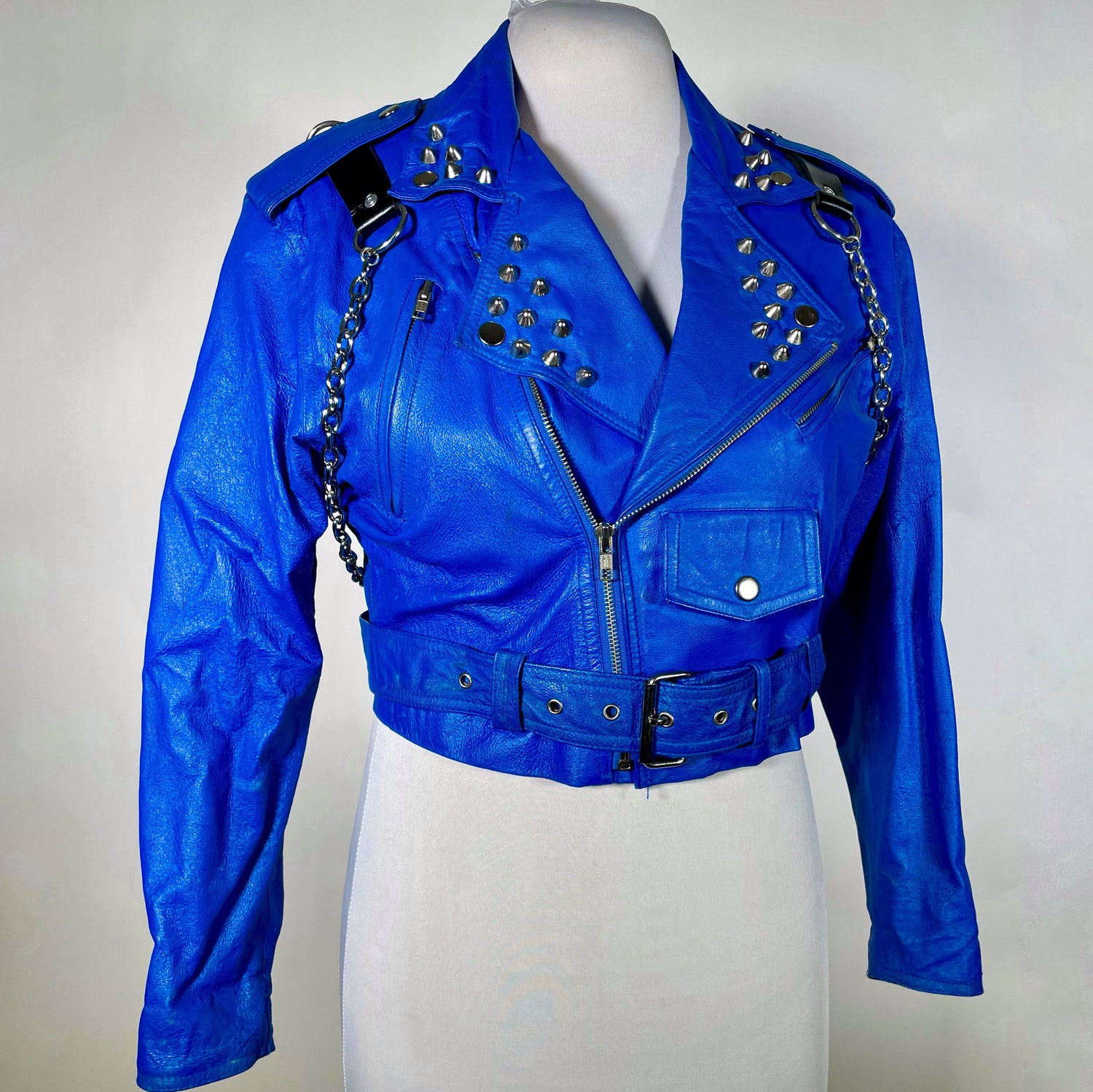 Blue moto jacket with harness and chains studded biker vintage jacket goth tradgoth cyberpunk acid house new beat industrial punk deathrock drag 