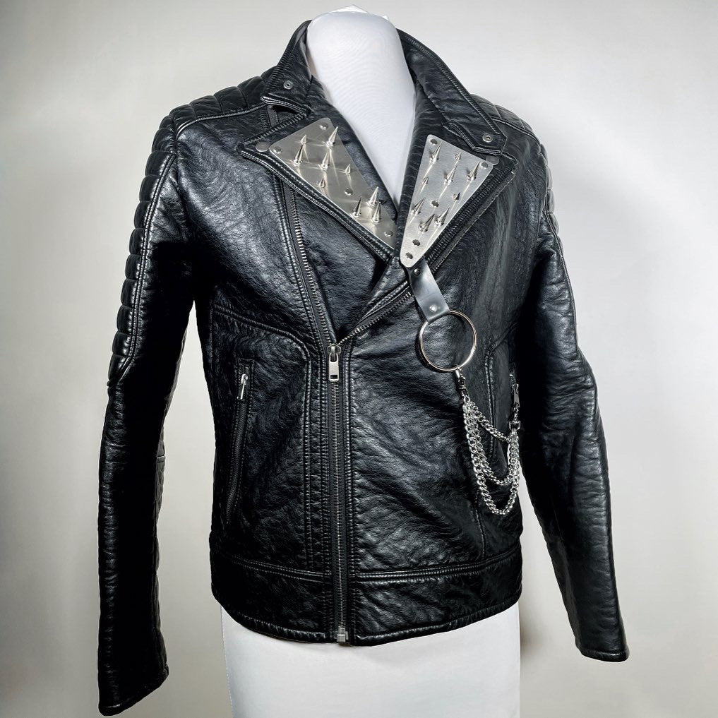 Men's Metal Plate with Spikes w/ Removable Chains Moto Jacket