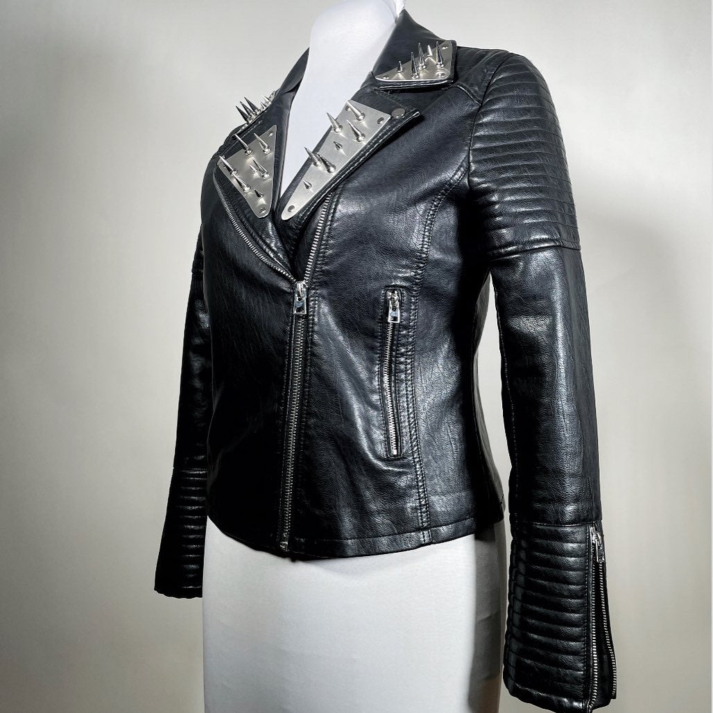 Black Pleather Moto Jacket with Metal Plating and Spikes