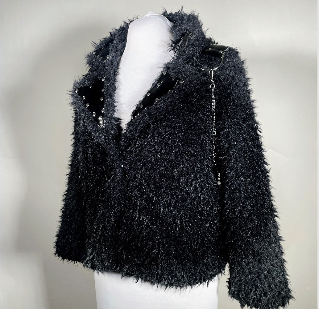 Black Faux Fur Coat w/ Vinyl Accents and Removable Chain Harness