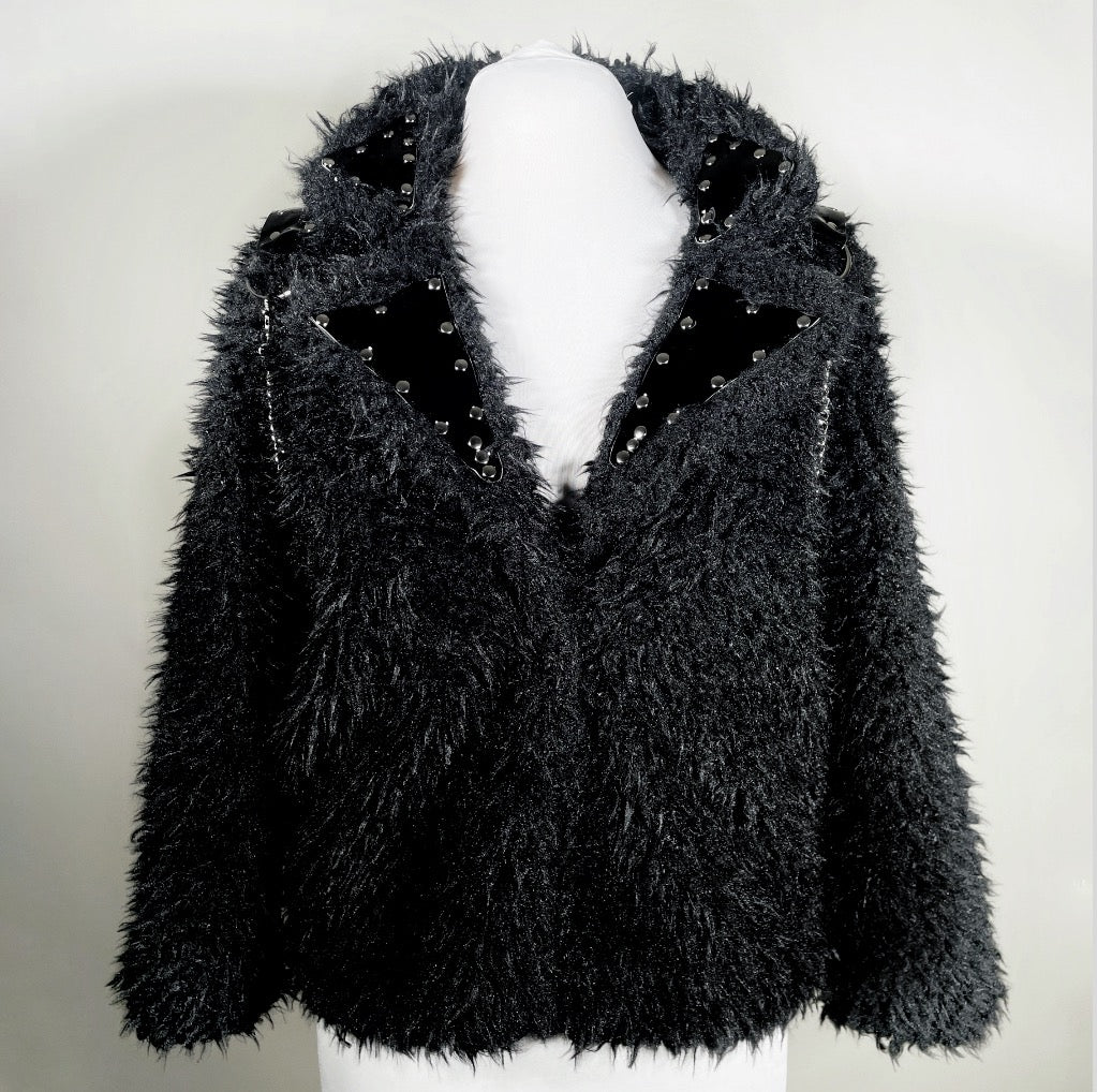 Black Faux Fur Coat w/ Vinyl Accents and Removable Chain Harness