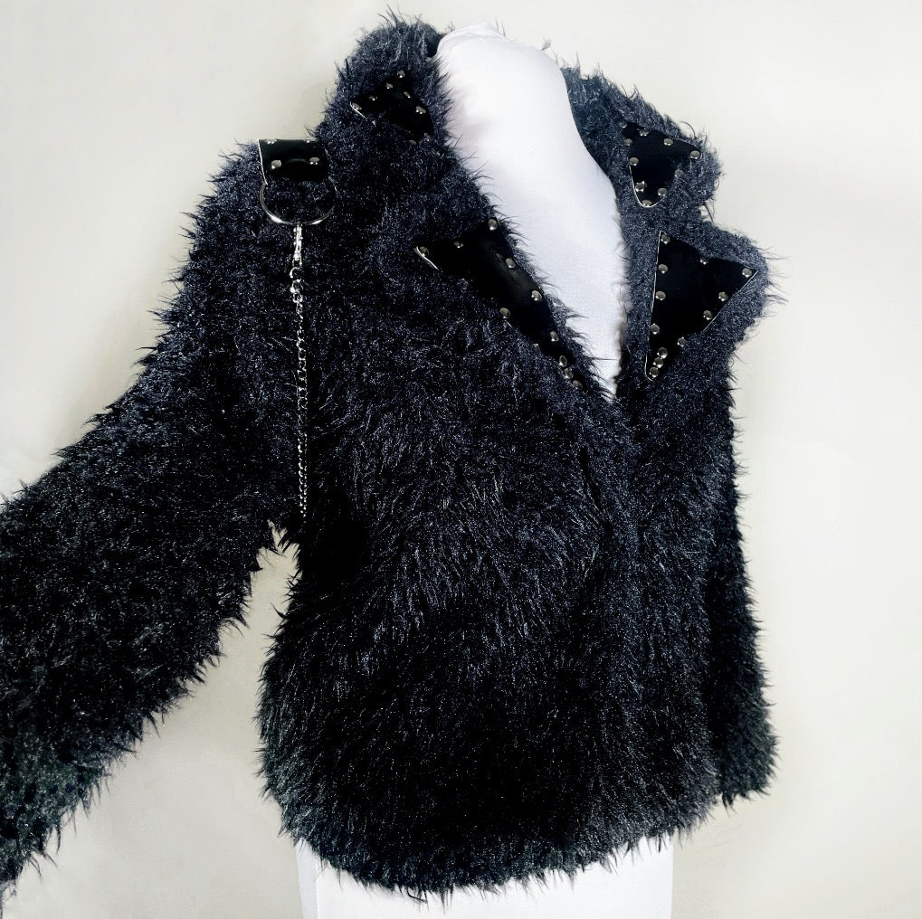 Black Faux Fur Coat w/ Vinyl Accents and Removable Chain Harness