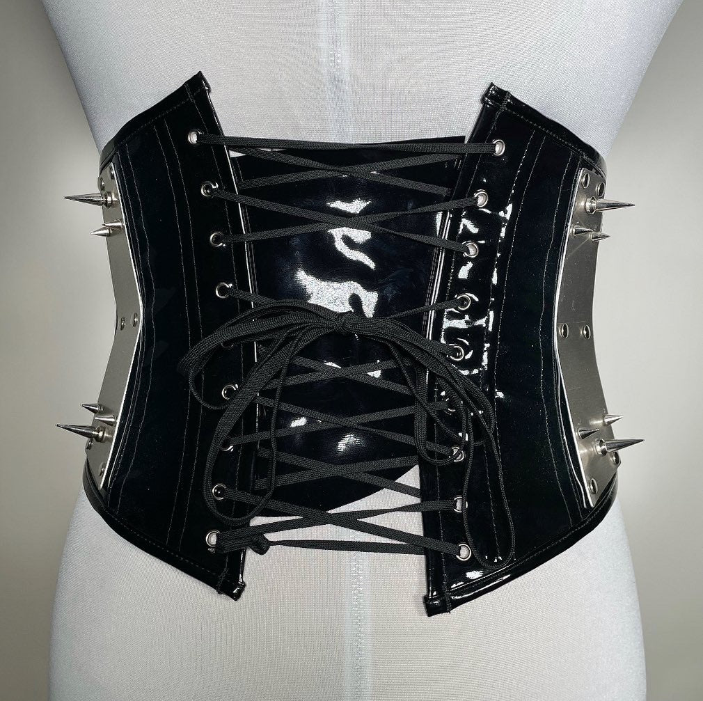 Black PVC Vinyl Fashion Corset with Metal Plating