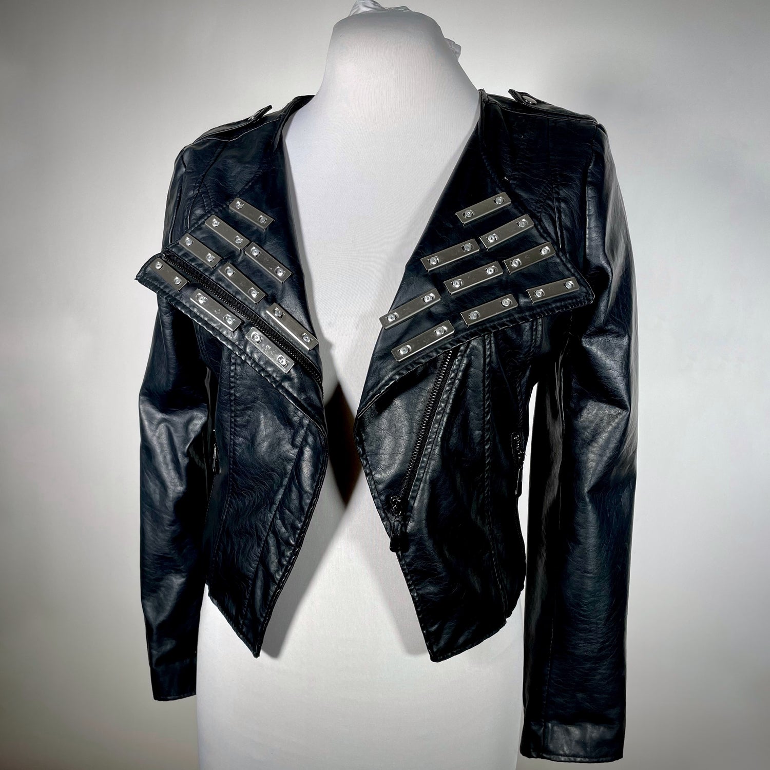 Black pleather moto jacket with metal hardware goth punk tradgoth cyberpunk industrial 