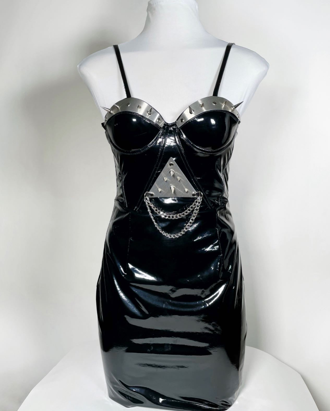 Black Vinyl PVC Midi Dress with Metal Spiked Plating