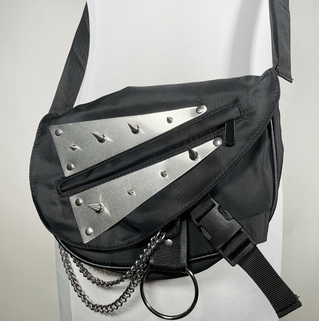 Crossbody Messenger Bag with Spikes, Chains and O-ring