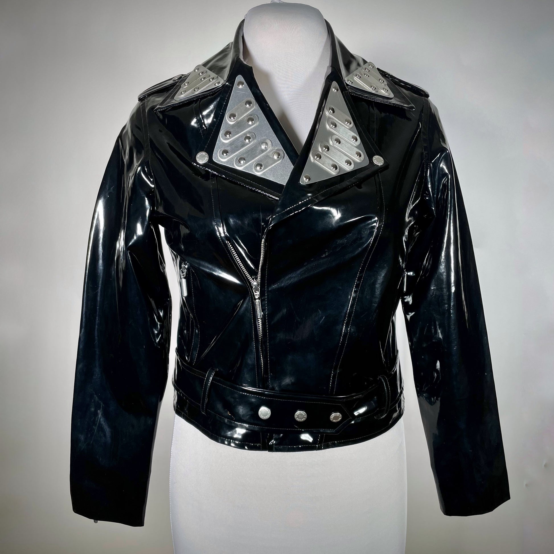 Vinyl PVC moto jacket with metal plates hardware industrial goth tradgoth deathrock punk cyberpunk 