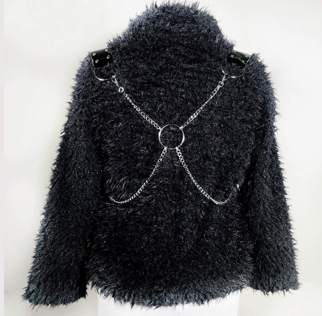 Black Faux Fur Coat w/ Vinyl Accents and Removable Chain Harness