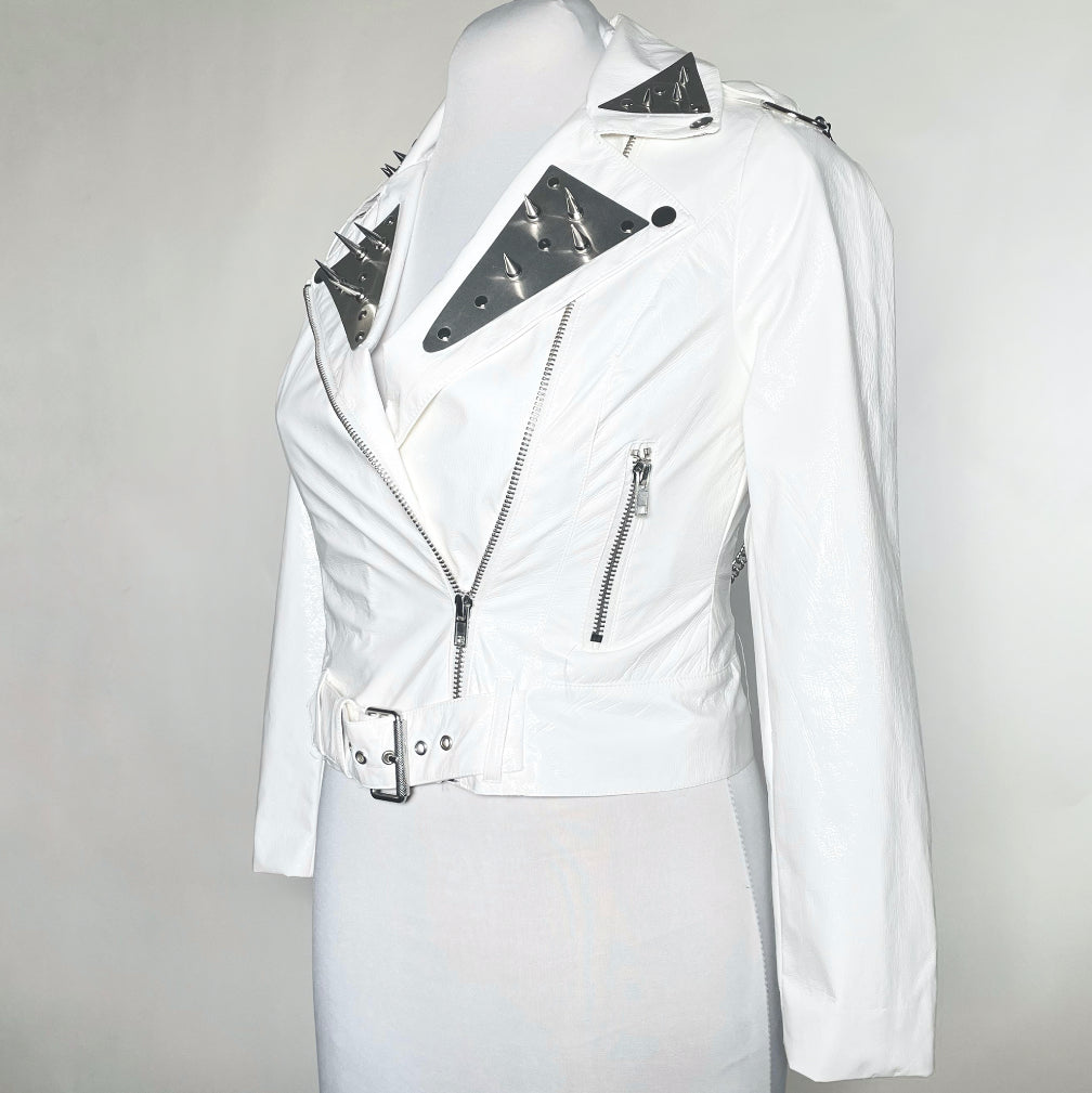 White PVC Shiny Moto Jacket with Metal, Spikes and Chain