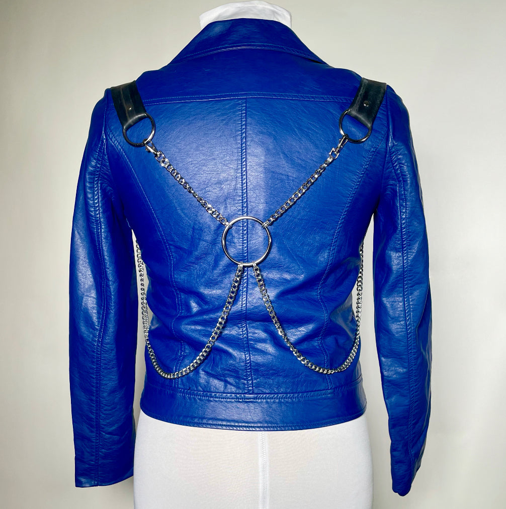 Royal Blue Moto Jacket with Rubber and Chain Harness