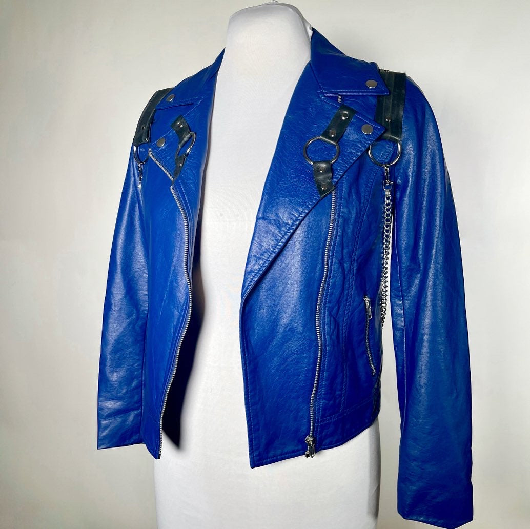 Royal Blue Moto Jacket with Rubber and Chain Harness