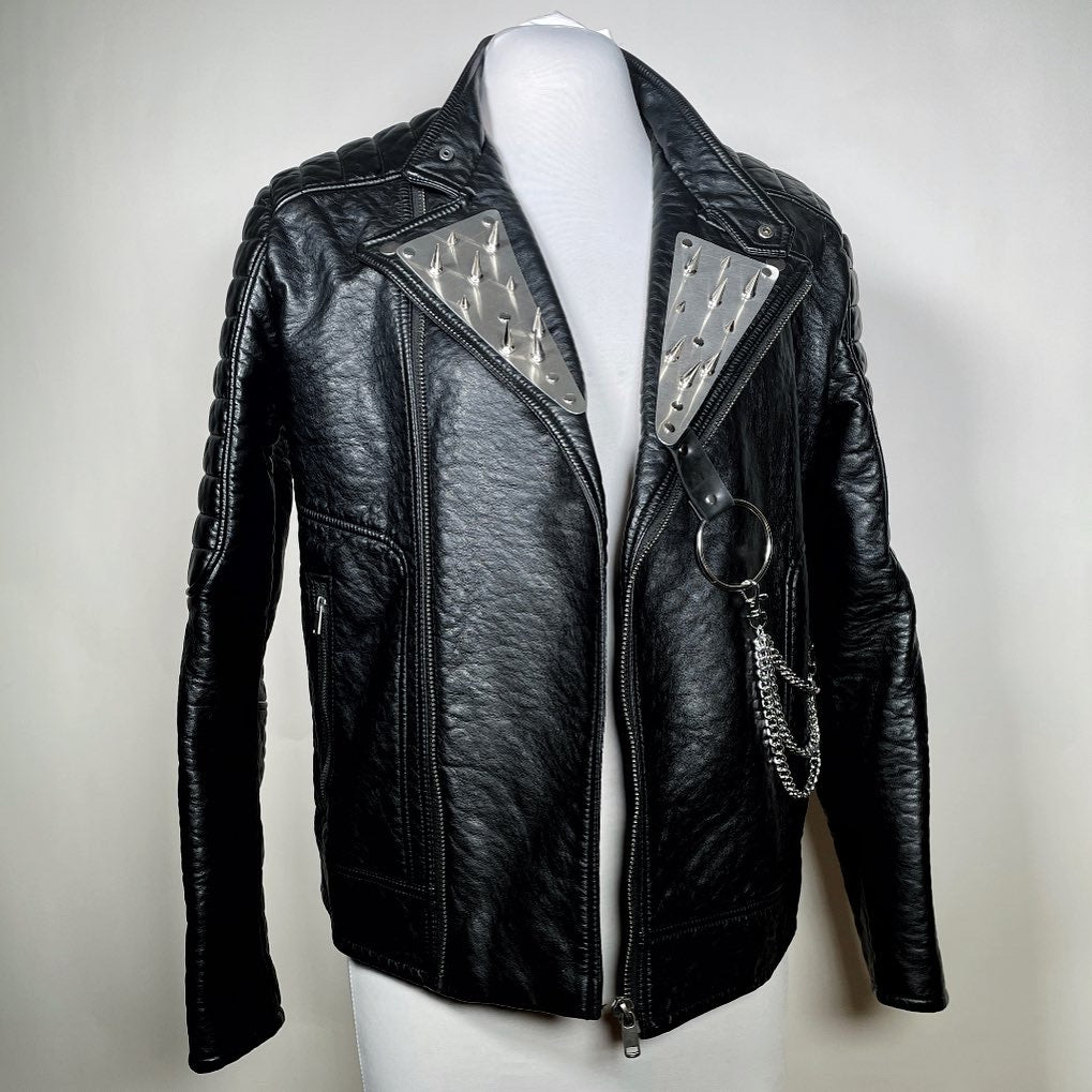 Men's Metal Plate with Spikes w/ Removable Chains Moto Jacket