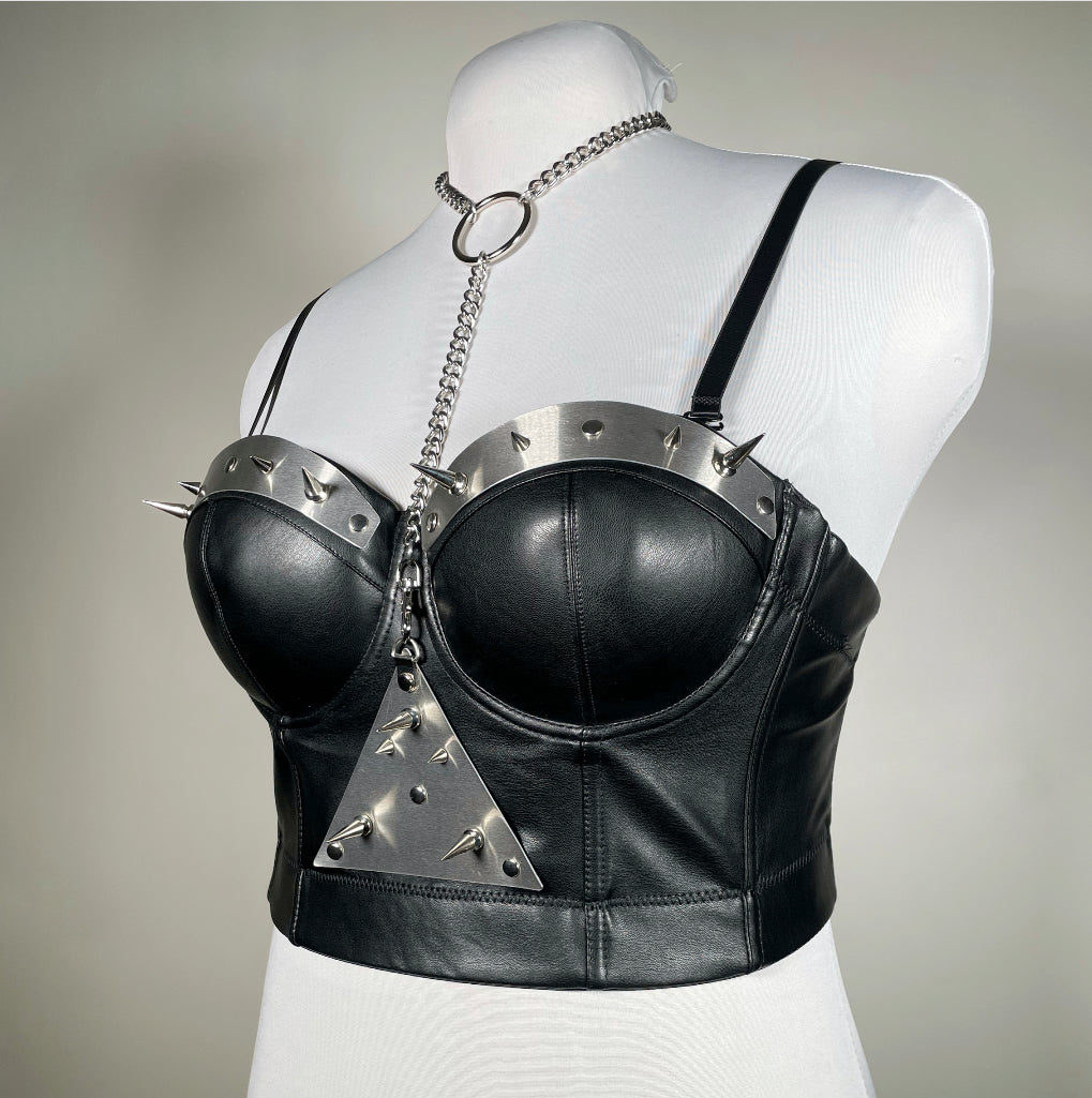 Black Pleather Metal Plate Bustier With Chains