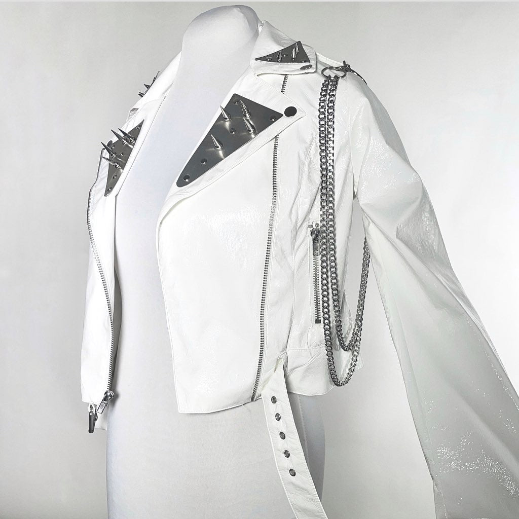 White PVC Shiny Moto Jacket with Metal, Spikes and Chain