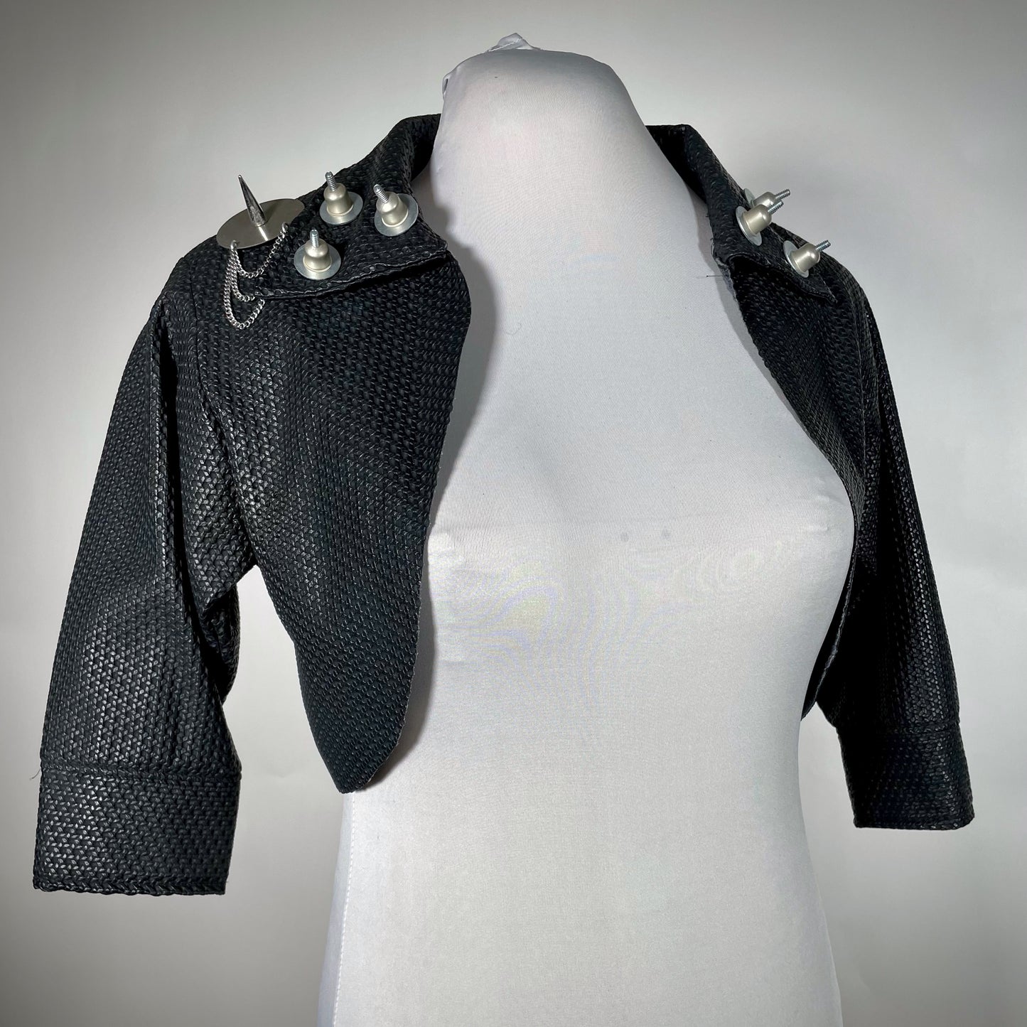 Black rubber crop jacket with metal hardware studs goth punk tradgoth cyberpunk industrial 