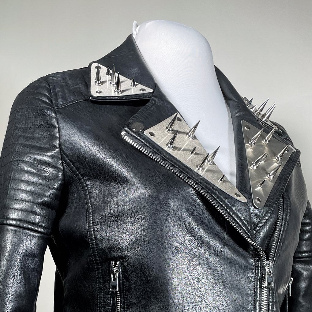 Black Pleather Moto Jacket with Metal Plating and Spikes