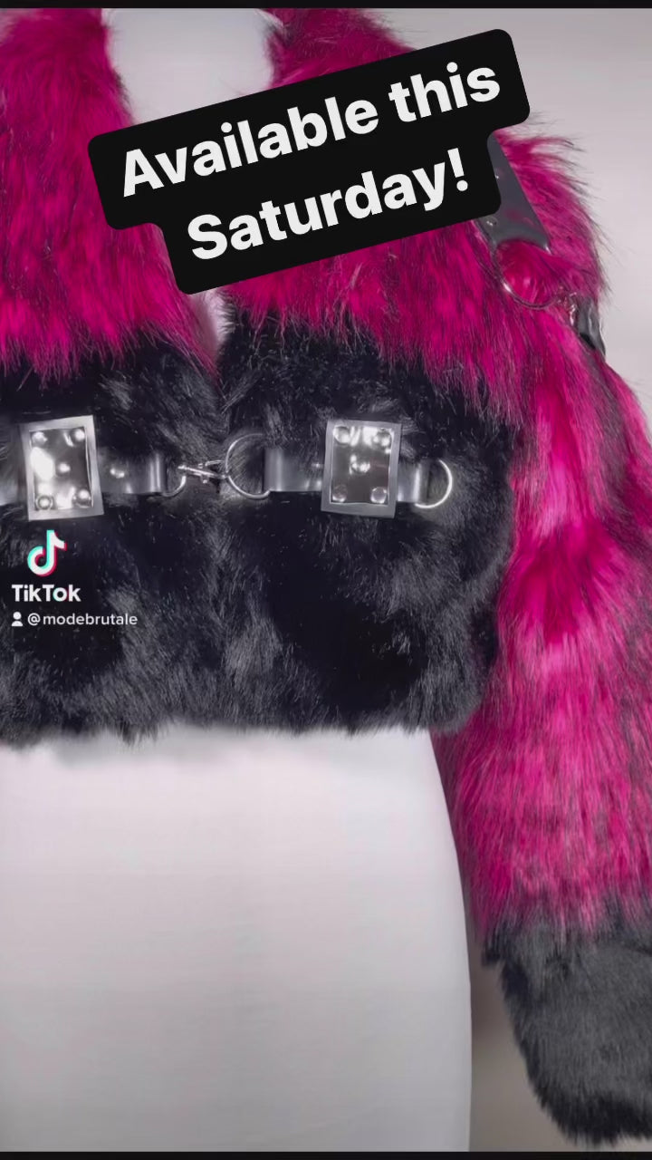 Pink and black faux fur coat sale