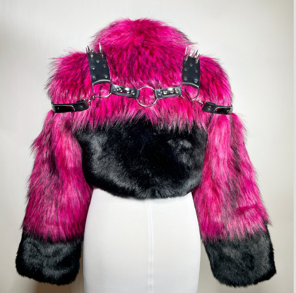 Hot Pink and Black Faux Fur Coat with Metallic Silver and Black Harness