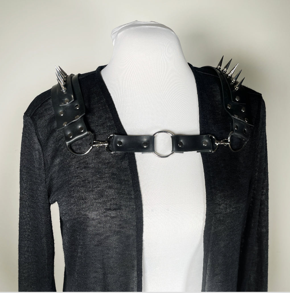 Black Sheer Cardigan Sweater with Rubber Spiked Harness