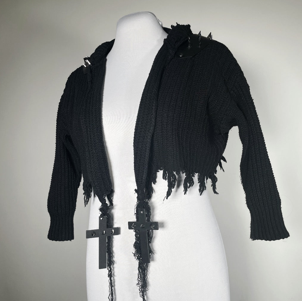 Black Cropped Distressed Hoodie Sweater with Crosses
