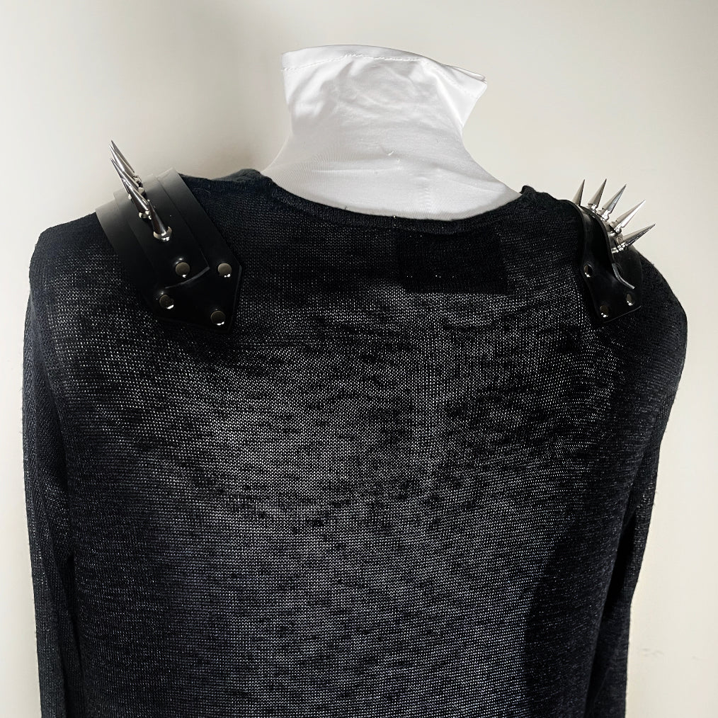 Black Sheer Cardigan Sweater with Rubber Spiked Harness