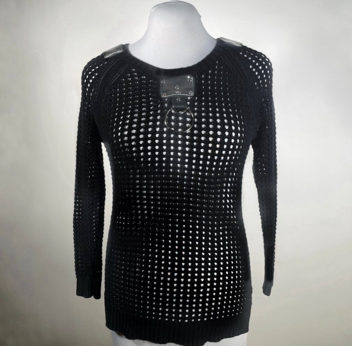 Black Goth Fishnet Sweater with Metallic Silver Accents