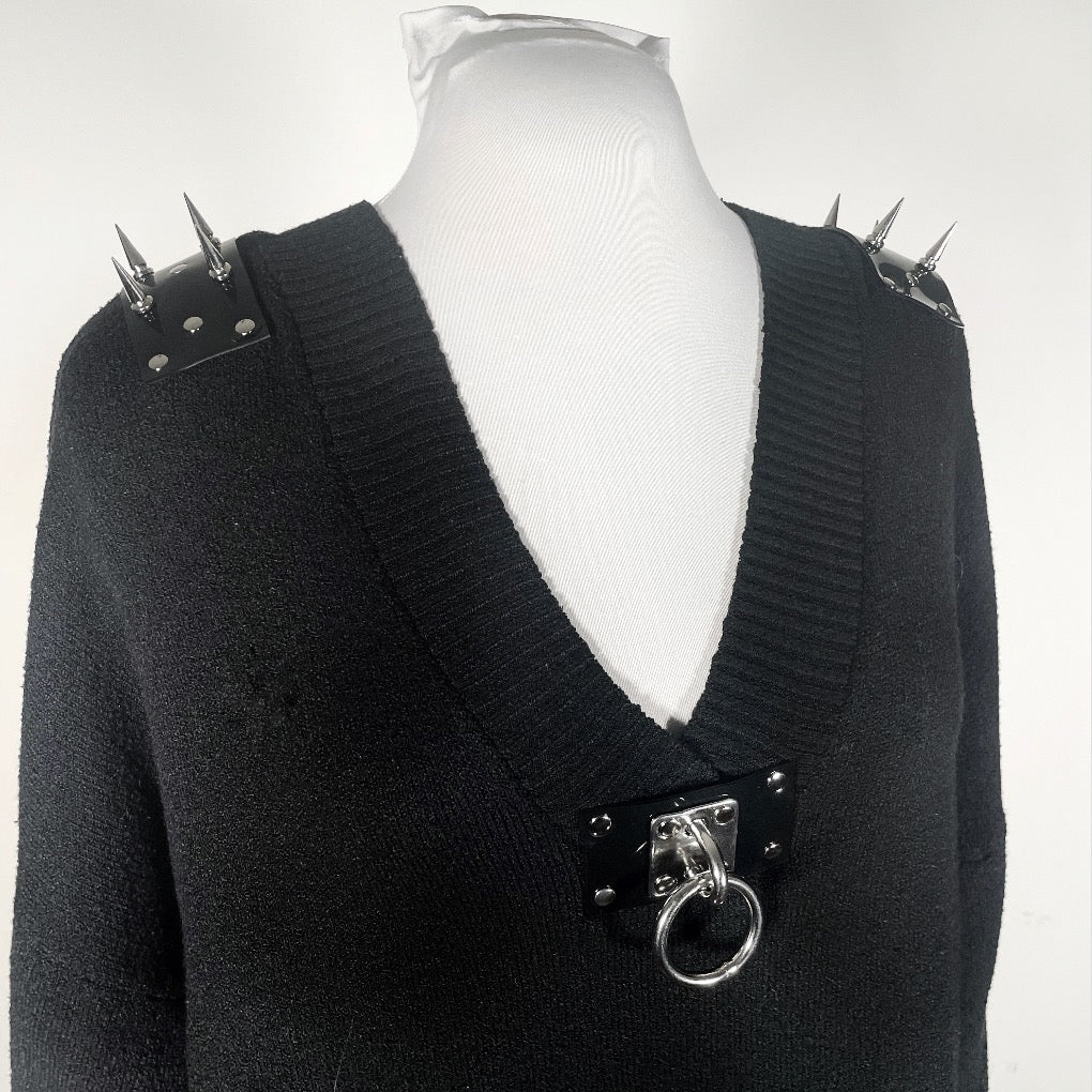 Black V-Neck Sweater with Spiked PVC Shoulders and O-ring Front