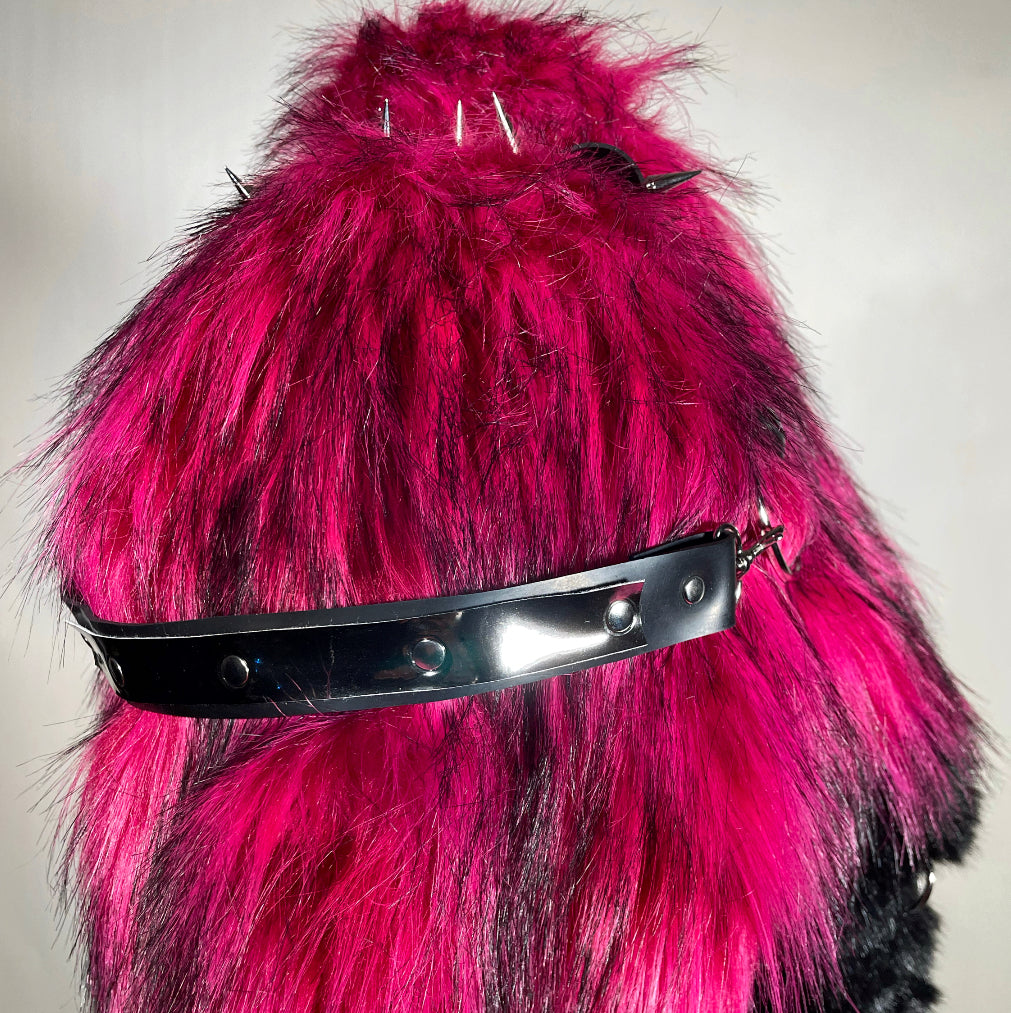 Hot Pink and Black Faux Fur Coat with Metallic Silver and Black Harness