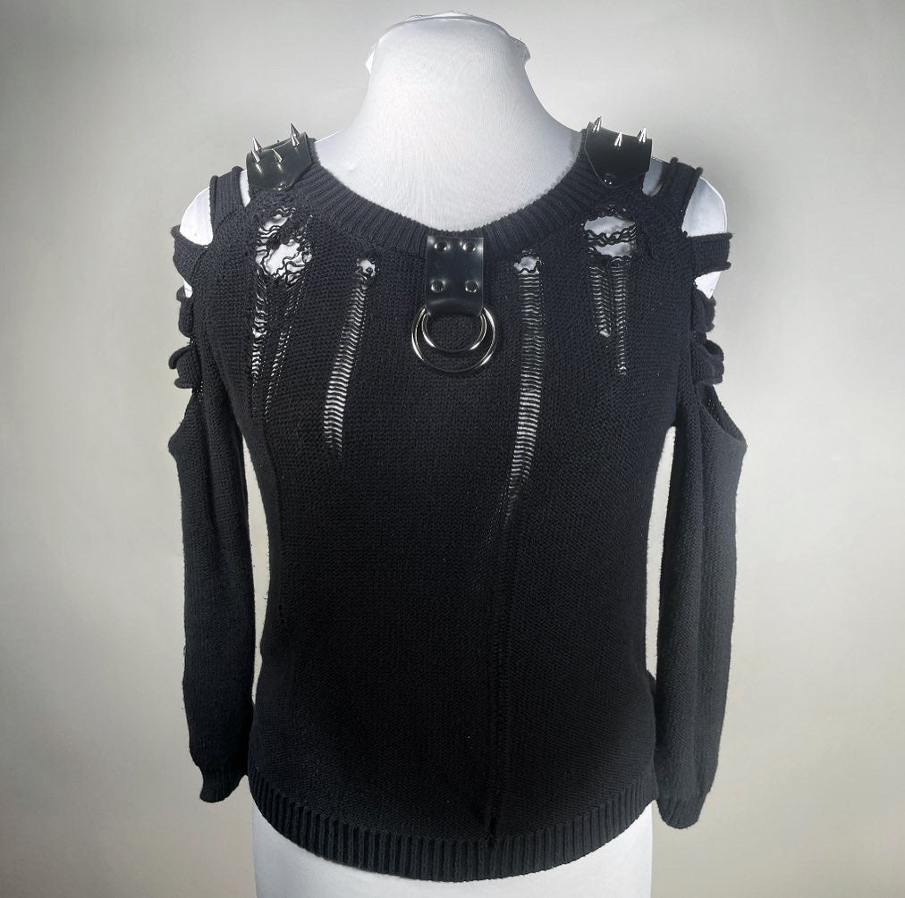 Distressed Sweater with Arm Slits and Rubber Spike Shoulders