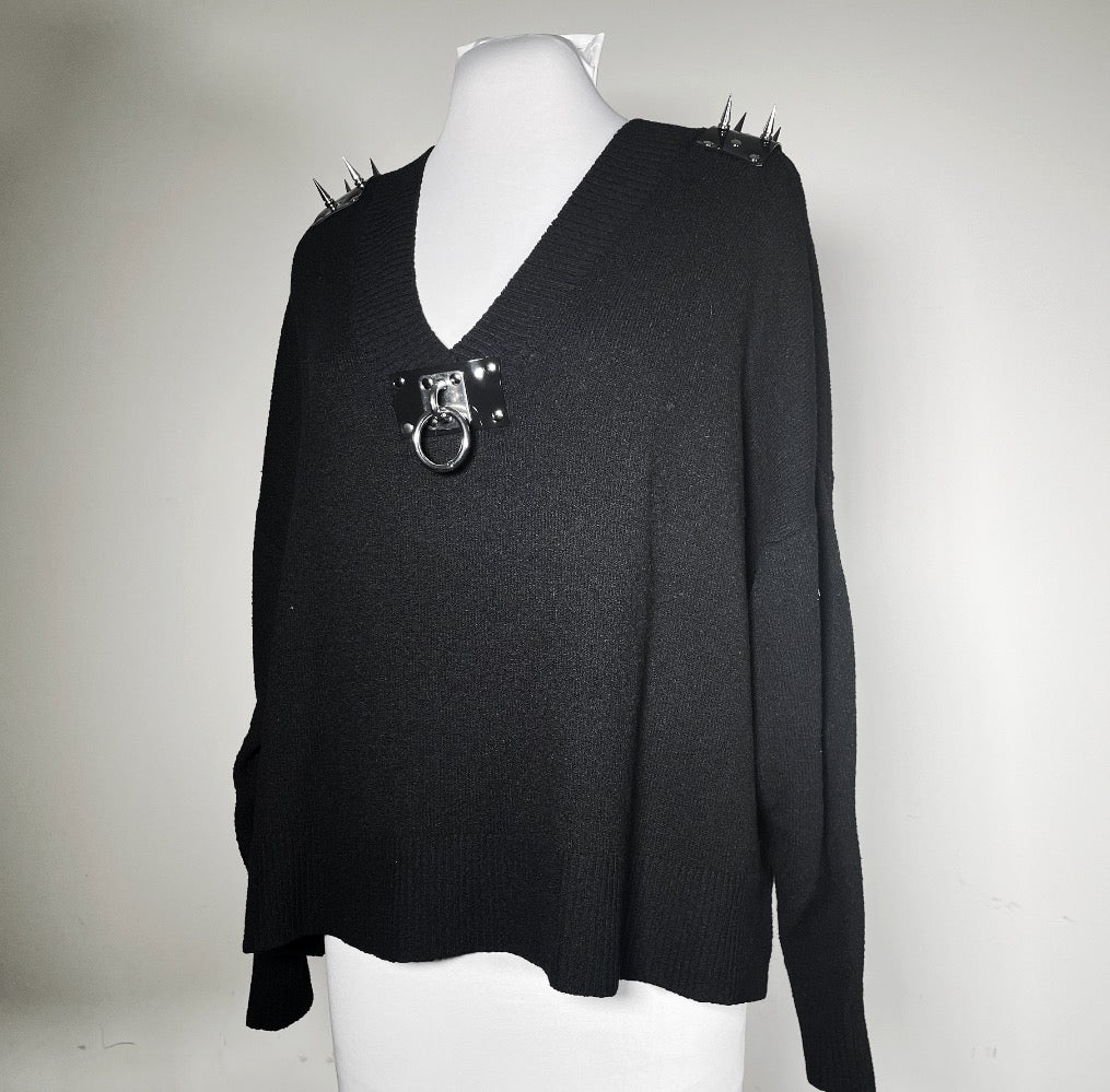 Black V-Neck Sweater with Spiked PVC Shoulders and O-ring Front