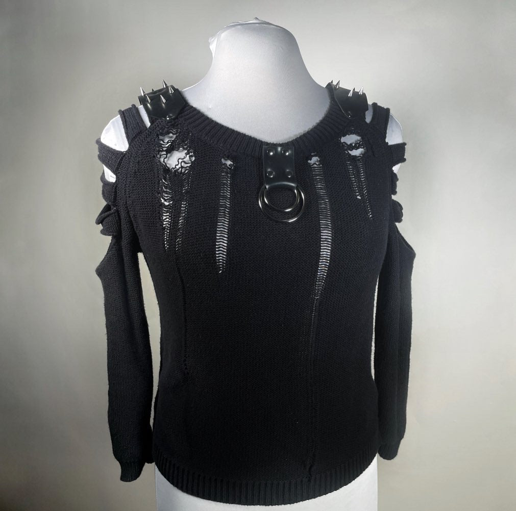 Distressed Sweater with Arm Slits and Rubber Spike Shoulders