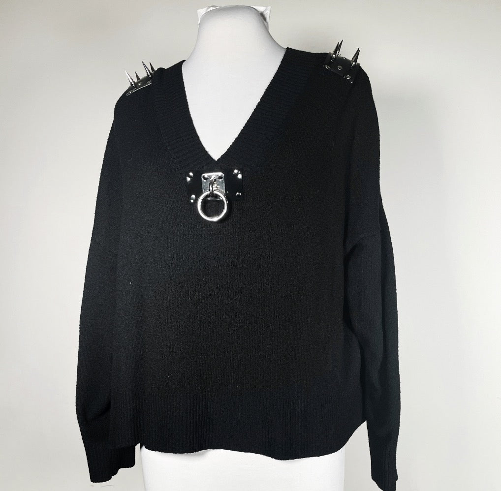 Black V-Neck Sweater with Spiked PVC Shoulders and O-ring Front