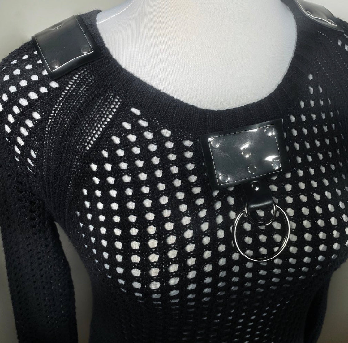 Black Goth Fishnet Sweater with Metallic Silver Accents