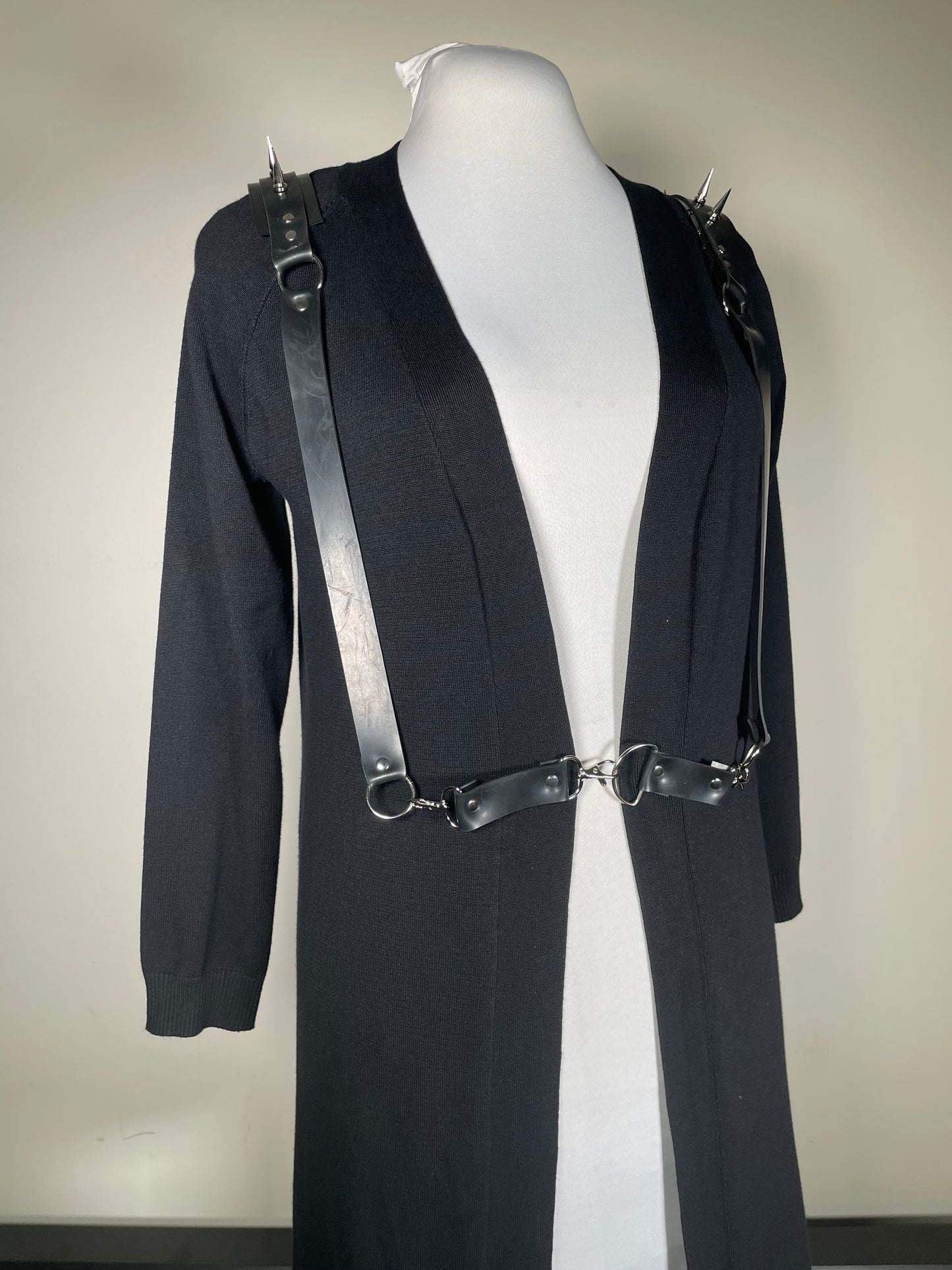 Black Sweater with Spiked Shoulders and Drop Waist Harness Closure