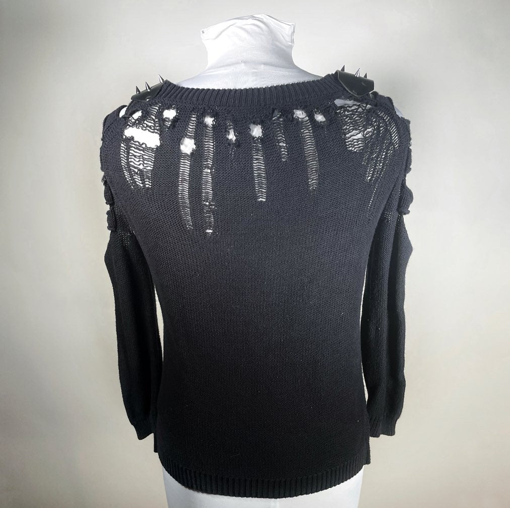 Distressed Sweater with Arm Slits and Rubber Spike Shoulders