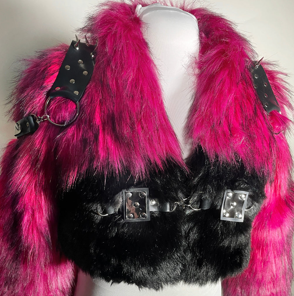 Hot Pink and Black Faux Fur Coat with Metallic Silver and Black Harness