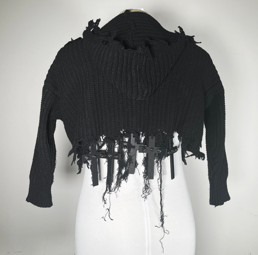 Black Cropped Distressed Hoodie Sweater with Crosses