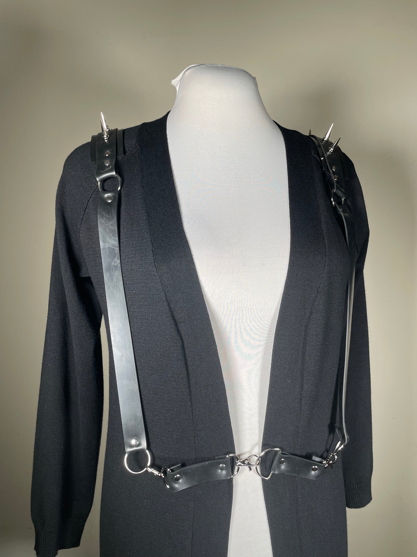 Black Sweater with Spiked Shoulders and Drop Waist Harness Closure